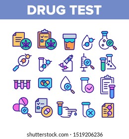 Drug Test Collection Elements Icons Set Vector Thin Line. Blood Drop From Hand Finger And Urine Laboratory Analysis Drug Test Concept Linear Pictograms. Color Contour Illustrations