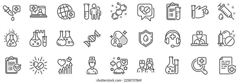 Drug testing, scientific discovery and disease prevention signs. Medical healthcare, doctor line icons. Chemical formula, medical doctor research, chemistry testing lab icons. Vector