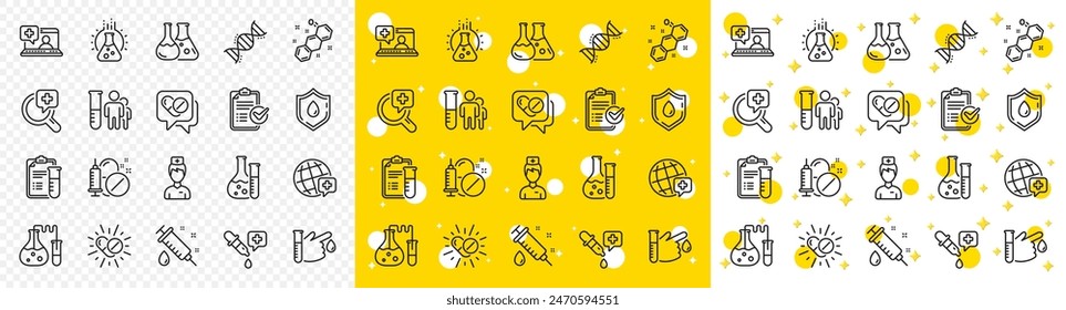 Drug testing, scientific discovery and disease prevention signs. Medical healthcare, doctor line icons. Chemical formula, medical doctor research, chemistry testing lab icons. Vector