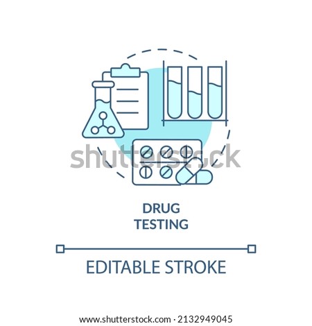 Drug testing turquoise concept icon. Pharmacy researching. Things to be tested abstract idea thin line illustration. Isolated outline drawing. Editable stroke. Arial, Myriad Pro-Bold fonts used