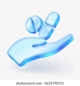 Tratamento medicamentoso ícone azul de vidro 3D de uma mão segurando pílulas e comprimidos. Conceito médico e farmacêutico sobre fundo transparente. Ideal para design de saúde e medicina. Ilustração vetorial.