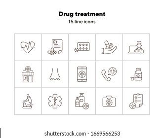 Drug treatment icons. Set of line icons. Caduceus, pharmacy, mobile medical app. Medical help concept. Vector illustration can be used for topics like healthcare, medicine, clinic