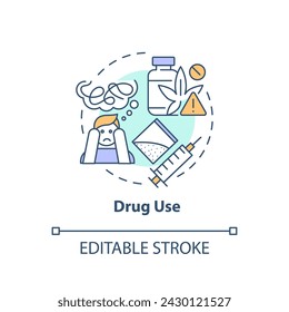 Icono de concepto de uso de drogas multicolor. Problemas de salud, adicción. Interrupción de la vida. Ilustración de línea de forma redonda. Idea abstracta. Diseño gráfico. Fácil de usar en infografía, presentación, folleto, folleto