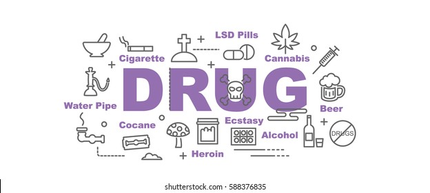 drug vector banner design concept, flat style with thin line art icons on white background
