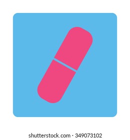 Drug vector icon. Style is flat rounded square button, pink and blue colors, white background.