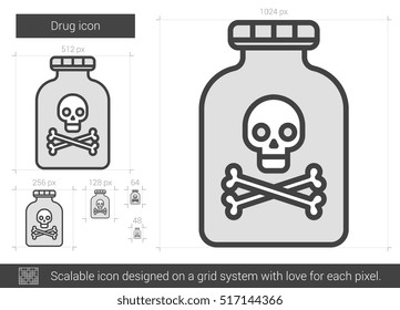 Drug Vector Line Icon Isolated On White Background. Drug Line Icon For Infographic, Website Or App. Scalable Icon Designed On A Grid System.