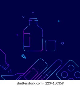 Drug vial with lid gradient line vector icon, simple illustration on a dark blue background, medicine, treatment related bottom border.