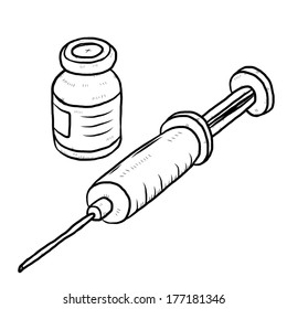 drug vial and syringe injection / cartoon vector and illustration, black and white, hand drawn, sketch style, isolated on white background.
