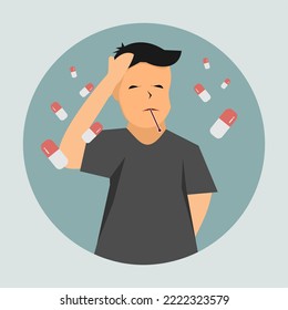 drug withdrawal syndrome, headache, body temperature measurement in case of illness, cold, thermometer, tablets and capsules, side effect, headache, pain, ache, man holding his head
, health problems