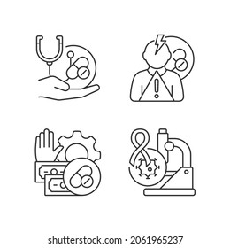 Drug-potency studies linear icons set. Improving treatment. Side effects risk. Feasibility process. Customizable thin line contour symbols. Isolated vector outline illustrations. Editable stroke