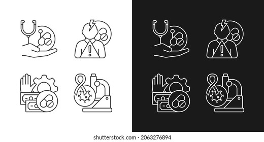 Drug-potency studies linear icons set for dark and light mode. Improving treatment. Side effects risk. Customizable thin line symbols. Isolated vector outline illustrations. Editable stroke