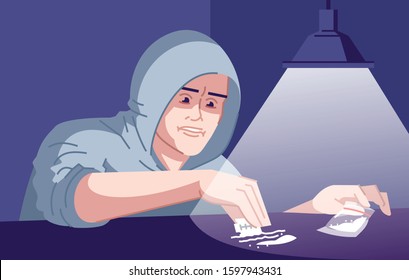 Drugs addicted man flat vector illustration. Narcotic addiction. Unhealthy habit. Detrimental lifestyle. Use of prohibited substances. Boy cutting cocaine on table with razor blade cartoon character