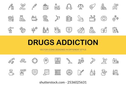 Conjunto de ícones de dependência de drogas. Ilustração vetorial no estilo de linha fina moderna de ícones relacionados a gráficos de computador.