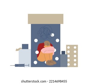 Drugs addiction. Medical disease, flat man sitting in pills bottle. Frustration and confusion, tired person in stress. Medicine support, antisocial behavior vector concept