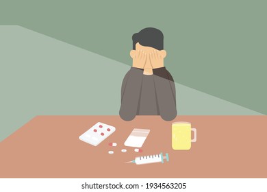 Drugs addiction vector concept. Drugs addict boy looks depressed while covering his face and sitting with drugs on the table at home
