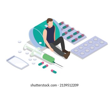 Drugs addiction vector concept. Drugs addict man looks depressed while sitting with drugs at the home