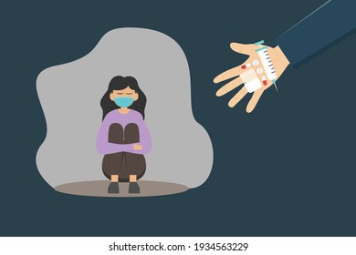 Concepto de vector de adicción a las drogas. Jeringa de mano, pastillas y cocaína mientras se ofrecen drogas a la mujer triste