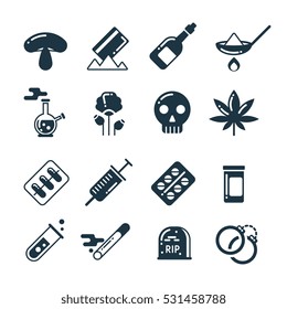 Drugs, Alcohol, Pills, Tablet, Narcotic Abuse Vector Icons