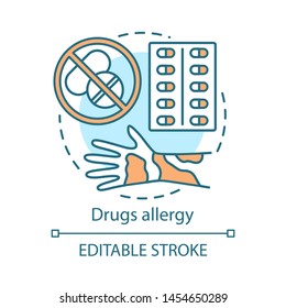 Drugs Allergy Concept Icon. Allergic Reaction To Medications Idea Thin Line Illustration. Hives, Itchy Skin, Rash On Hand. Pills Use Side Effects. Vector Isolated Outline Drawing. Editable Stroke