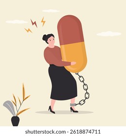 Drugs or antidepressants addiction. Medical debt, health care and treatment cost from disease. Hospital expense medicine bills, woman carrying giant medicine debt burden. Girl chained to giant pill.