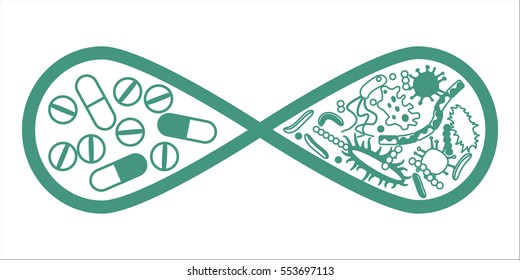 Drugs and bacteria in infinity symbol monochrome concept. Stock vector illustration of pills vs germs, superbug, antibiotics development for company identity in healthcare, medicine and biology.