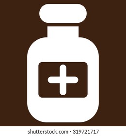 Drugs Bottle vector icon. Style is flat symbol, white color, rounded angles, brown background.