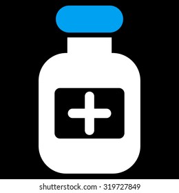 Drugs Bottle vector icon. Style is bicolor flat symbol, blue and white colors, rounded angles, black background.