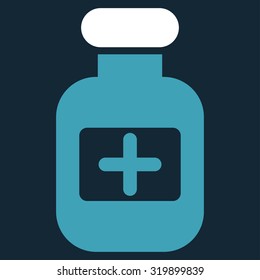 Drugs Bottle vector icon. Style is bicolor flat symbol, blue and white colors, rounded angles, dark blue background.