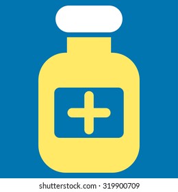 Drugs Bottle vector icon. Style is bicolor flat symbol, yellow and white colors, rounded angles, blue background.