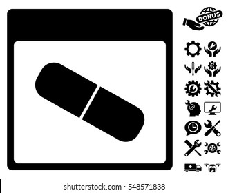 Drugs Capsule Calendar Page icon with bonus service pictures. Vector illustration style is flat iconic symbols, black, white background.