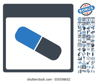 Drugs Capsule Calendar Page pictograph with bonus calendar and time management symbols. Vector illustration style is flat iconic symbols, smooth blue, white background.