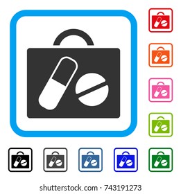Drugs Case icon. Flat grey pictogram symbol in a light blue rounded rectangular frame. Black, gray, green, blue, red, orange color versions of Drugs Case vector. Designed for web and software UI.