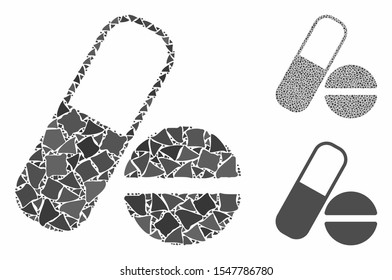 Drugs composition of raggy pieces in variable sizes and color hues, based on drugs icon. Vector raggy pieces are grouped into illustration. Drugs icons collage with dotted pattern.