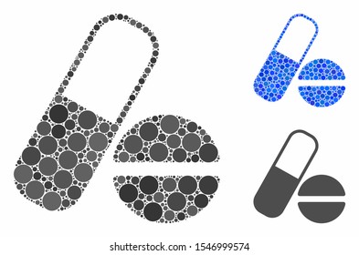 Drugs composition of round dots in variable sizes and color tones, based on drugs icon. Vector round dots are composed into blue mosaic. Dotted drugs icon in usual and blue versions.