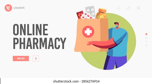 Drugs Delivery Service Online Pharmacy, Drugstore Landing Page Template. Volunteer or Courier Male Character in Medical Face Mask Deliver Medicines in Bag to Clients Home. Cartoon Vector Illustration