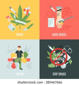 Drugs design concept set with weeds and addiction flat icons isolated vector illustration