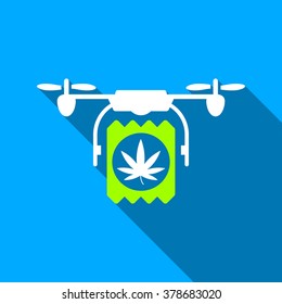 Drugs Drone Delivery long shadow vector icon. Style is a flat light symbol with rounded angles on a blue square background.