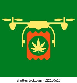Drugs Drone Delivery vector icon. Style is bicolor flat symbol, orange and yellow colors, rounded angles, green background.