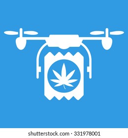 Drugs Drone Delivery vector icon. Style is flat symbol, white color, rounded angles, blue background.