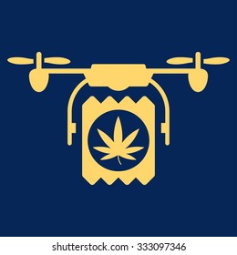 Drugs Drone Delivery vector icon. Style is flat symbol, yellow color, rounded angles, blue background.