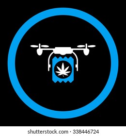 Drugs Drone Delivery vector icon. Style is bicolor flat rounded symbol, blue and white colors, rounded angles, black background.