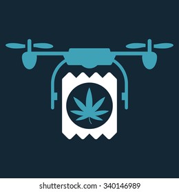 Drugs Drone Delivery vector icon. Style is bicolor flat symbol, blue and white colors, rounded angles, dark blue background.
