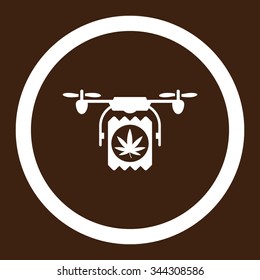 Drugs Drone Delivery vector icon. Style is flat rounded symbol, white color, rounded angles, brown background.