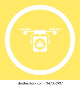 Drugs Drone Delivery vector icon. Style is flat rounded symbol, white color, rounded angles, yellow background.