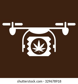 Drugs Drone Shipment vector icon. Style is flat symbol, white color, rounded angles, brown background.