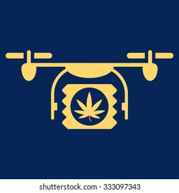 Drugs Drone Shipment vector icon. Style is flat symbol, yellow color, rounded angles, blue background.