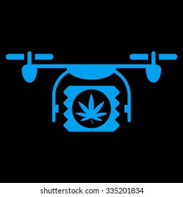 Drugs Drone Shipment vector icon. Style is flat symbol, blue color, rounded angles, black background.