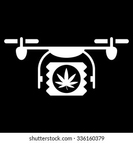 Drugs Drone Shipment vector icon. Style is flat symbol, white color, rounded angles, black background.