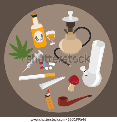 Drugs flat icons set. Marijuana narcotic, addiction and capsule, smoke pipe, tablet pharmacy, vector illustration
