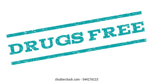 Drugs Free watermark stamp. Text tag between parallel lines with grunge design style. Rubber seal stamp with dust texture. Vector cyan color ink imprint on a white background.